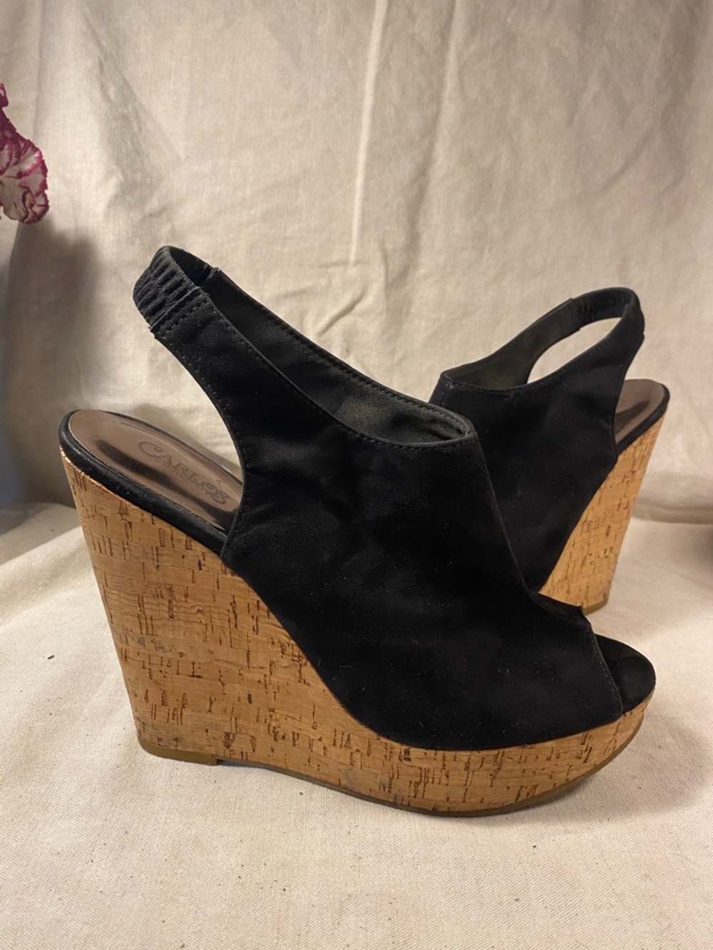 Santana Black Suede Cork Wedge Peep-Toe Slingback